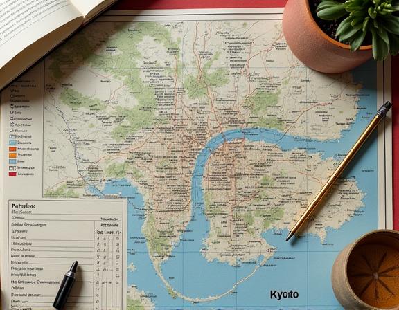 京都の地図とコンパス、計画を立てる様子